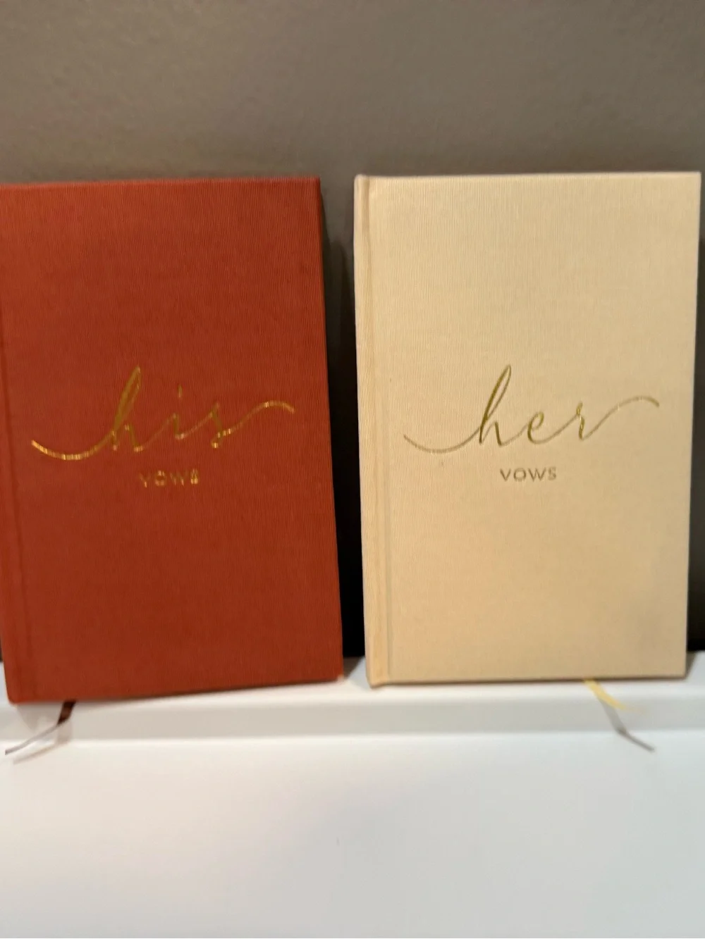 His and Her Vows Cream and Rust Linen Wedding Journal with Gold Foil